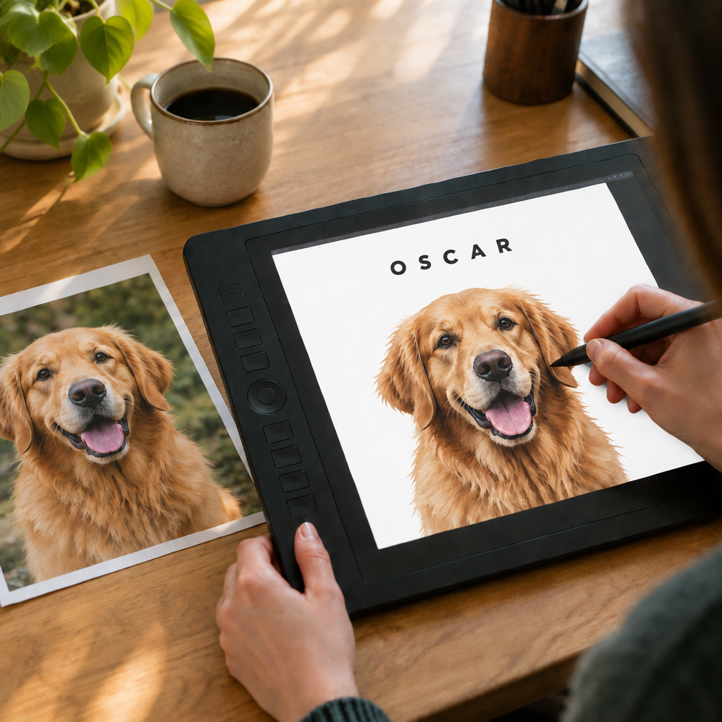 Illustrateur dessinant le portrait d'Oscar sur tablette
