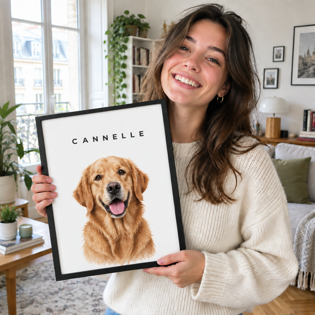Cliente tenant le portrait encadré de Cannelle
