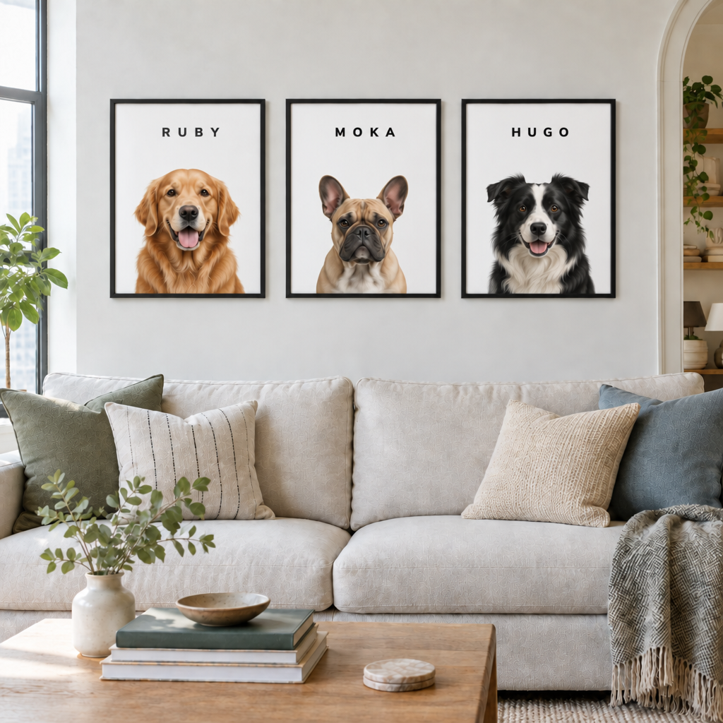 Mur de cadres avec les portraits de Ruby, Moka et Hugo